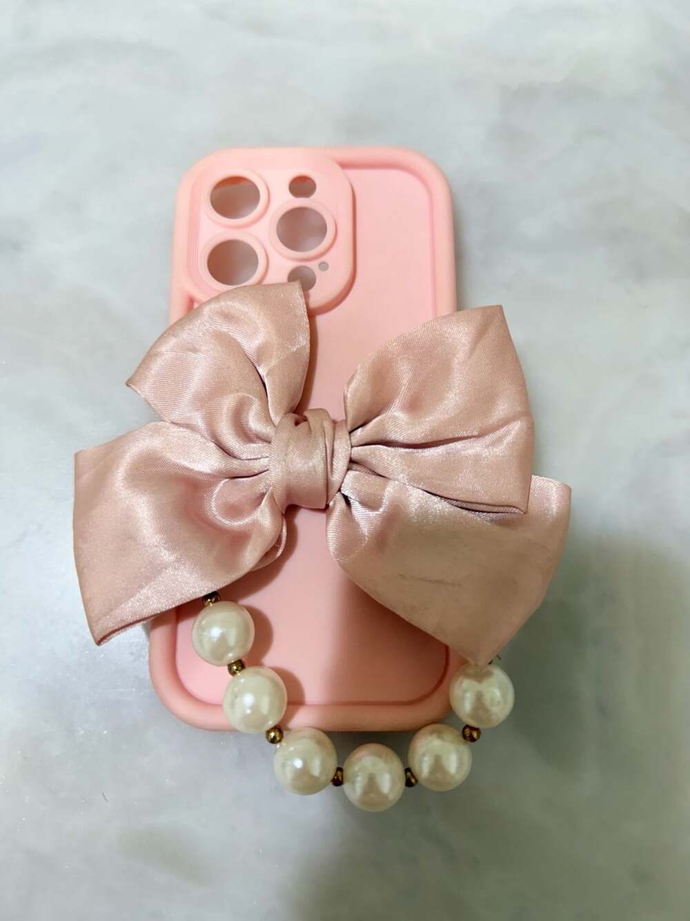 Pink Bow Coquette Phone Case With Faux Pearl Bracelet